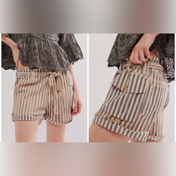 Free People Pants - Free People Striped Tan and Gray Cargo Shorts